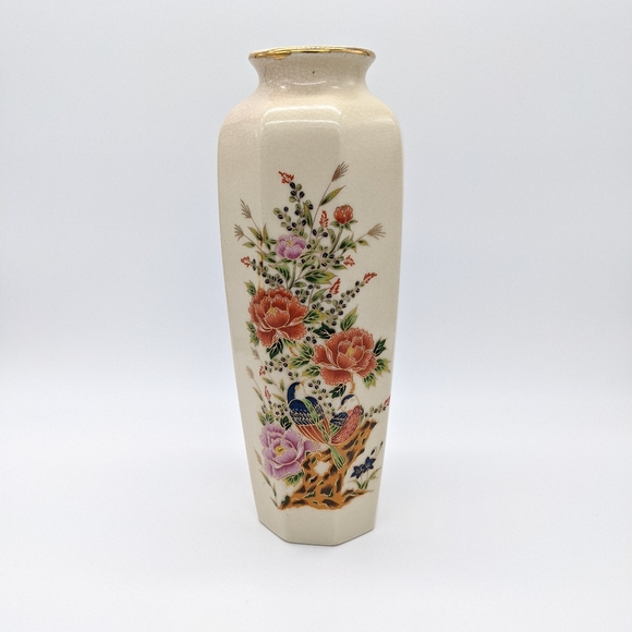 Vintage floral birds on driftwood cream vase